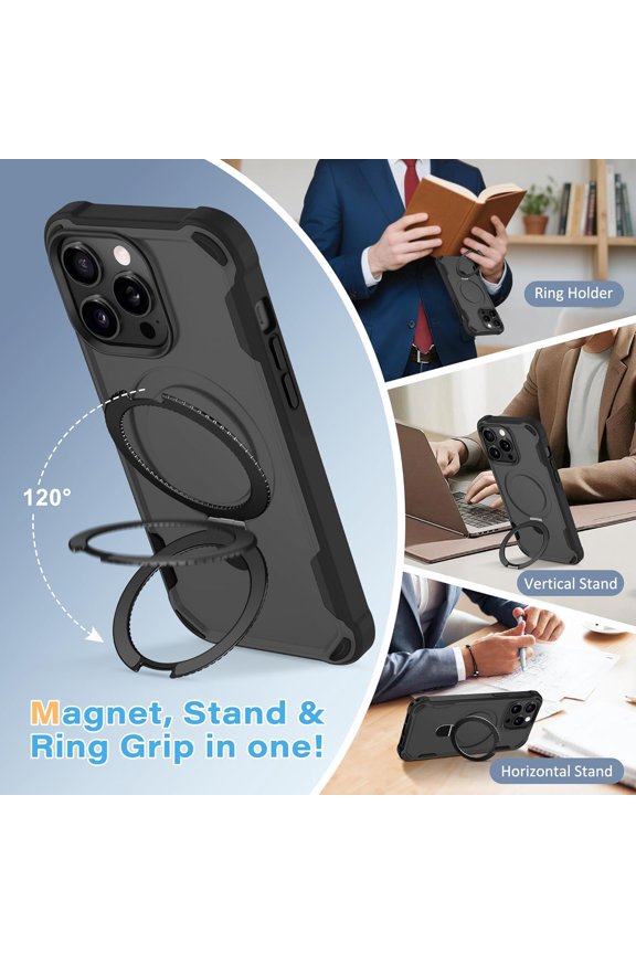 -for iPhone 13 Pro Max Case & iPhone 12 Pro Max Case Compatible with Mag-Safe with Invisible Magnetic O-Ring Stand Military Grade Drop Protection Shockproof Slim Phone Case for Men Women,Black