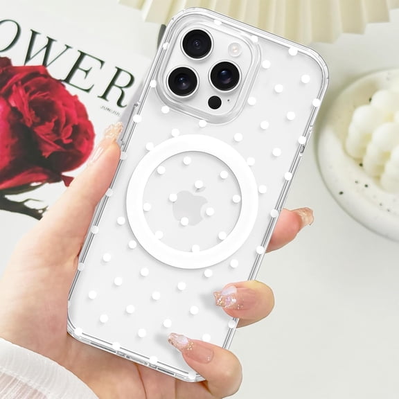 CHISHZL-for iPhone 15 Pro Case Cute Polka Dot Aesthetic Design Simple Cover 6.1", Thin Slim Anti-Scratch Soft TPU Bumper Shockproof Rubber Protective Phone Cases Women Girls, Magnetic Clear White