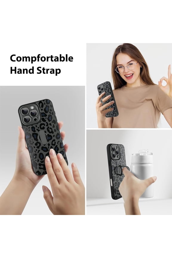 -for iPhone 16 Pro Case Black Leopard Print Pattern Cute Cheetah Wristband Stand Phone Cover for Women Girls Men Shockproof Slim Protective Cover for iPhone 16 Pro 6.1 Inch