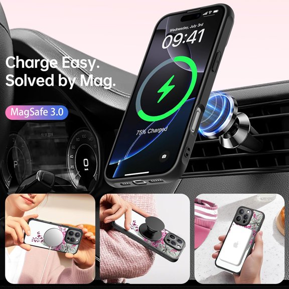 CHISHZL-for iPhone 16 Pro Max Case Wireless Charging & Military-Grade Protection - Trendy Fruit Design for Women Girls, Matte Non-Slip Phone Cover with Shockproof Corners - Pink Blossoms
