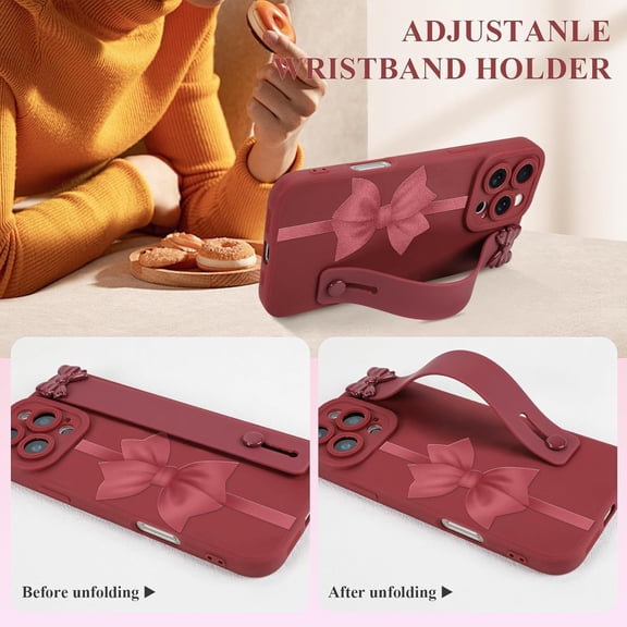 CHISHZL-for iPhone 16 Pro Max Case with Wrist Strap Elegant Bow Ribbon Design with Adjustable Wristband Kickstand Shockproof Soft TPU Camera Protection Phone Cover for Women Girls - Red Bow