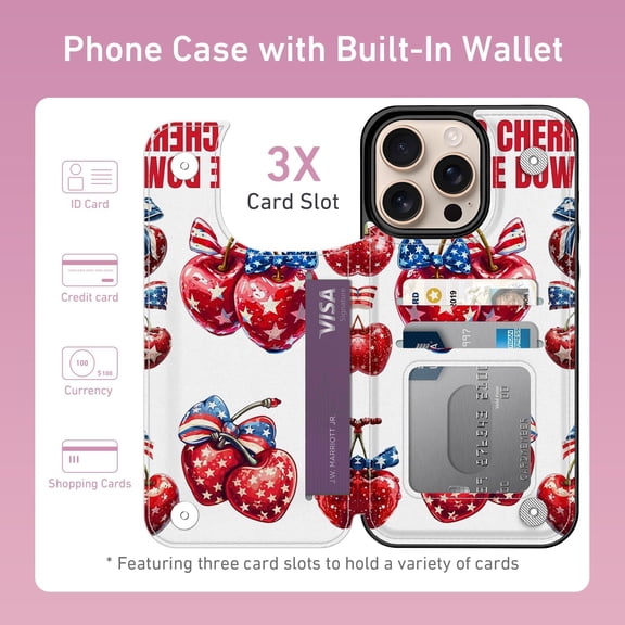 CHISHZL-for iPhone 16 Pro Wallet Case with Card Holder, RFID-Blocking, Military-Grade Protection & UV-Printed Artwork, Magnetic Closure with Leather Kickstand - Cherries with Bow