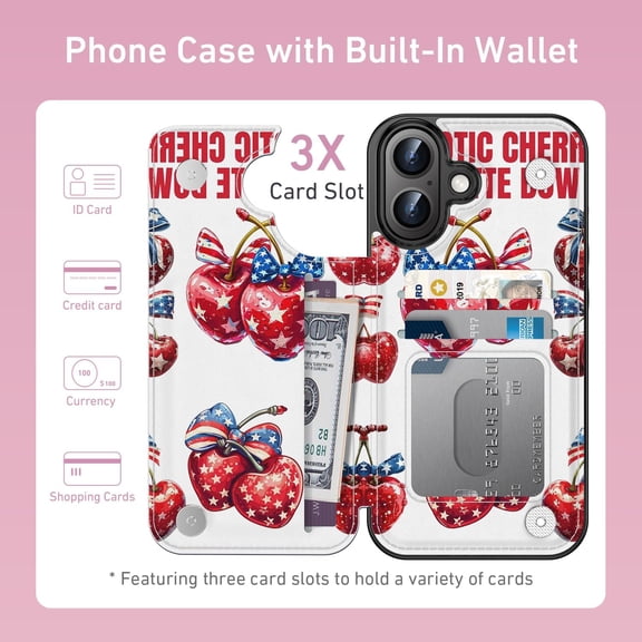 CHISHZL-for iPhone 16 Wallet Case with Card Holder, RFID-Blocking, Military-Grade Protection & UV-Printed Artwork, Magnetic Closure with Leather Kickstand - Cherries with Bow