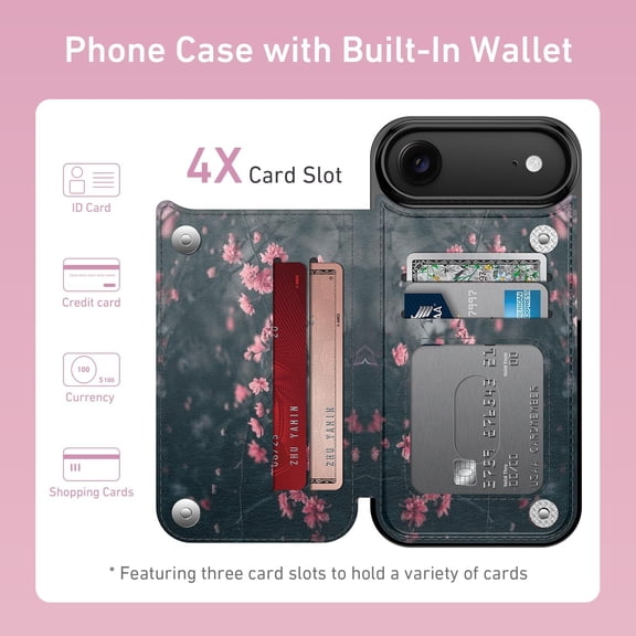CHISHZL-for iPhone 17 Air Wallet Case with Card Holder, RFID-Blocking, Military-Grade Protection & UV-Printed Artwork, Magnetic Closure with Leather Kickstand - Mystic Blooming Plum