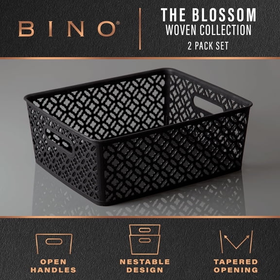 CHISHZL-l Plastic Storage Baskets, Large - Black | THE BLOSSOM COLLECTION l Multi-Use Organizer Bin l Built-in Handles l Plastic Woven Basket for Organizing l Pantry & Home Organizing Basket