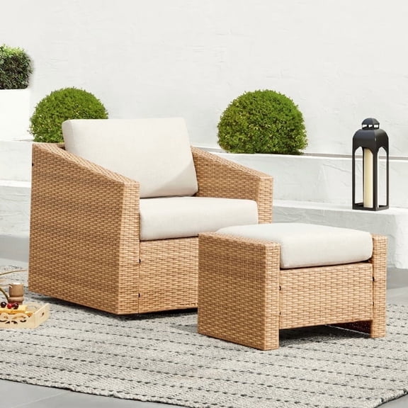 CHITA 2 Piece Swivel Outdoor Dining Sets with Ottoman and Side Table, Light Brown/Wicker Cream