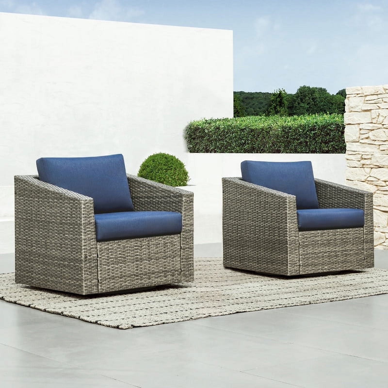 CHITA 2-Piece Outdoor Swivel Gray Wicker Chair with Cushion, Blue
