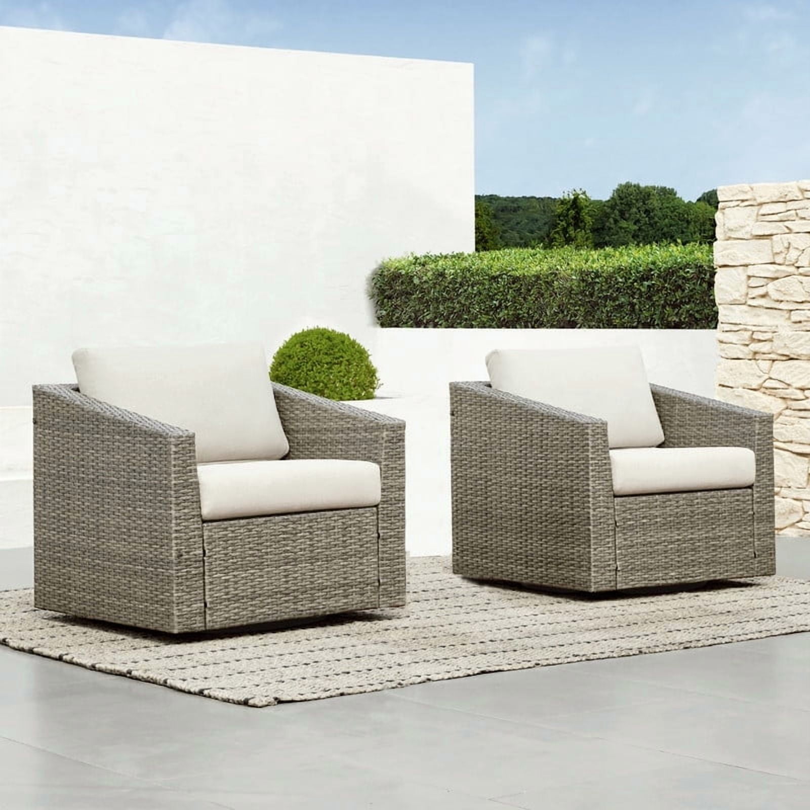 CHITA 2-Piece Outdoor Swivel Gray Wicker Chair with Cushion, Cream