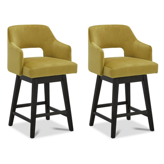 CHITA 26 in Swivel Counter Bar Stools Set of 2 with Open Contoured Back&Wood Legs, Velvet in Yellow