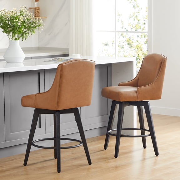 CHITA 26 in Swivel Upholstered Faux Leather Barstool Set of 2 for Kitchen Island, Full Back&Wood Legs, Saddle Brown