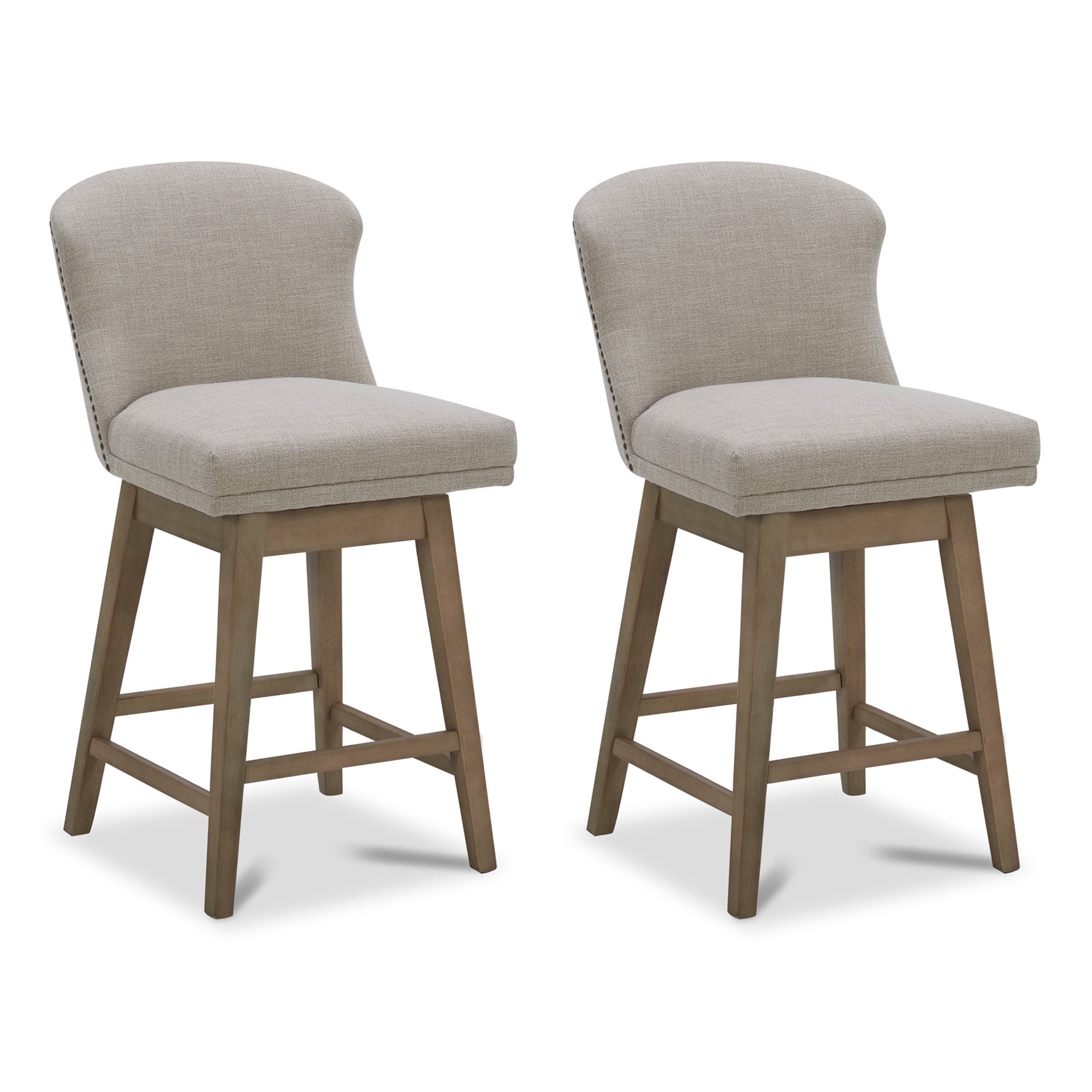 Tan Performance Fabric Swivel Counter Bar Stools with Wood Legs, Set of 2