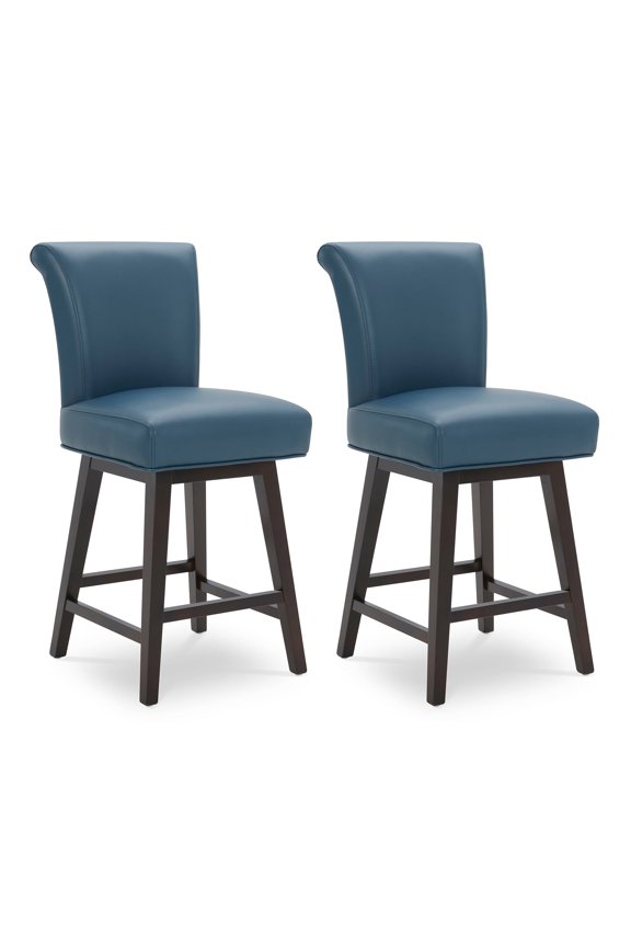 26 in Upholstered Swivel Counter Bar Stools with Back&Wood Legs Set of 2, Faux Leather in Dark Blue