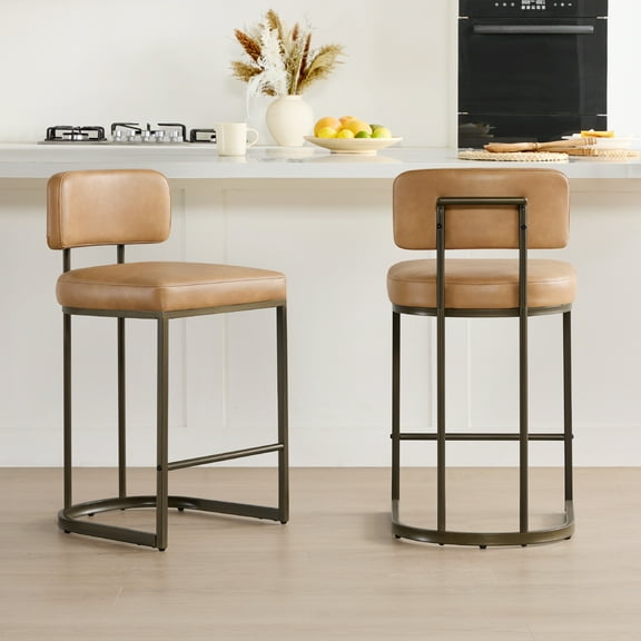 CHITA 26 inch Counter Height Bar Stool Set with Brass Frame Set of 2, Faux Leather in Cognac
