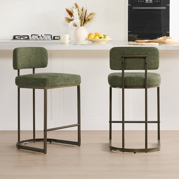 CHITA 26 inch Counter Height Bar Stool Set with Brass Frame Set of 2, Fabric in Moss Green