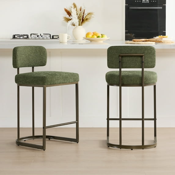 CHITA 26 inch Counter Height Bar Stool Set with Brass Frame Set of 2, Fabric in Moss Green