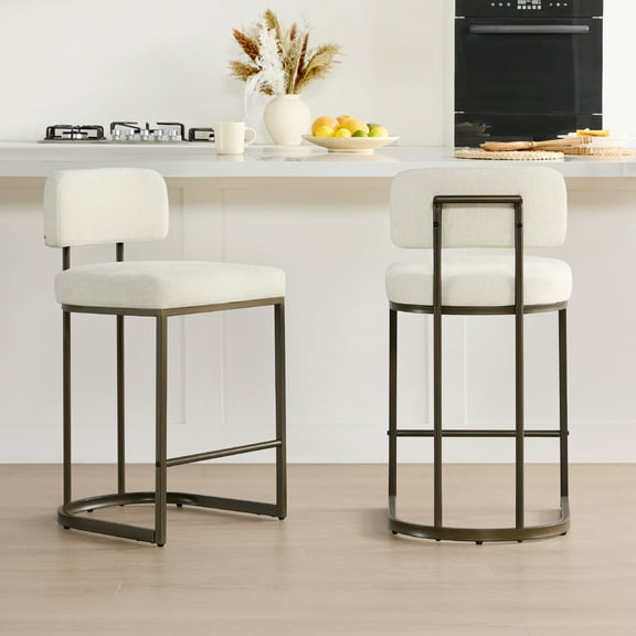 CHITA 26 inch Counter Height Bar Stool Set with Brass Frame Set of 2, Fabric in Linen