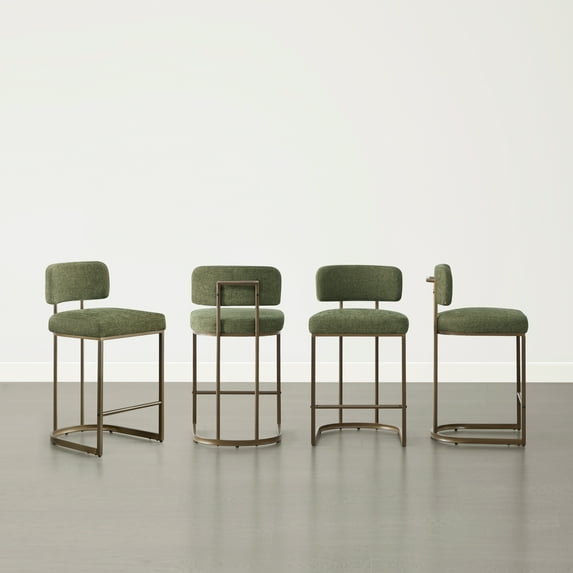 CHITA 26 inch Counter Height Bar Stool Set with Brass Frame Set of 4, Fabric in Moss Green
