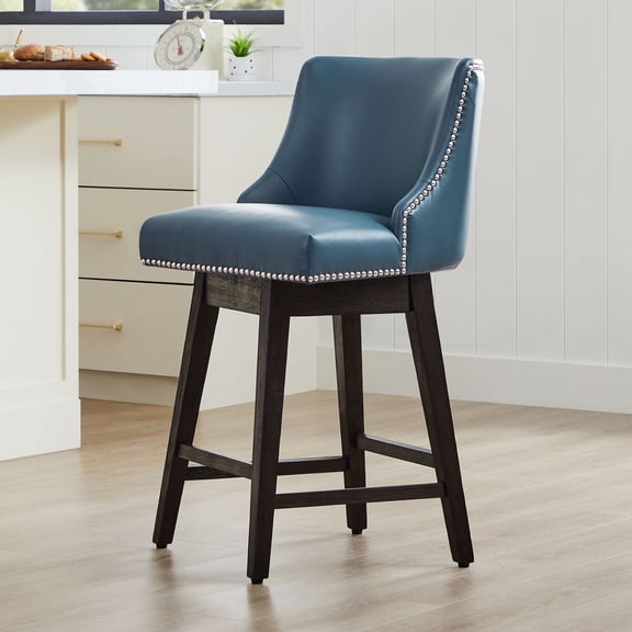 CHITA 26 inch Faux Leather Swivel Upholstered Counter Height Bar Stools with Full Back, Dark Blue