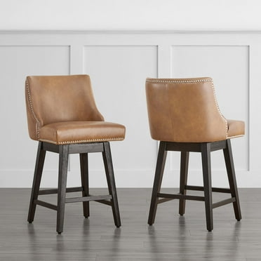 CHITA 26 inch Swivel Upholstered Counter Height Bar Stools with Full Back Set of 2,Faux Leather in Cognac Brown