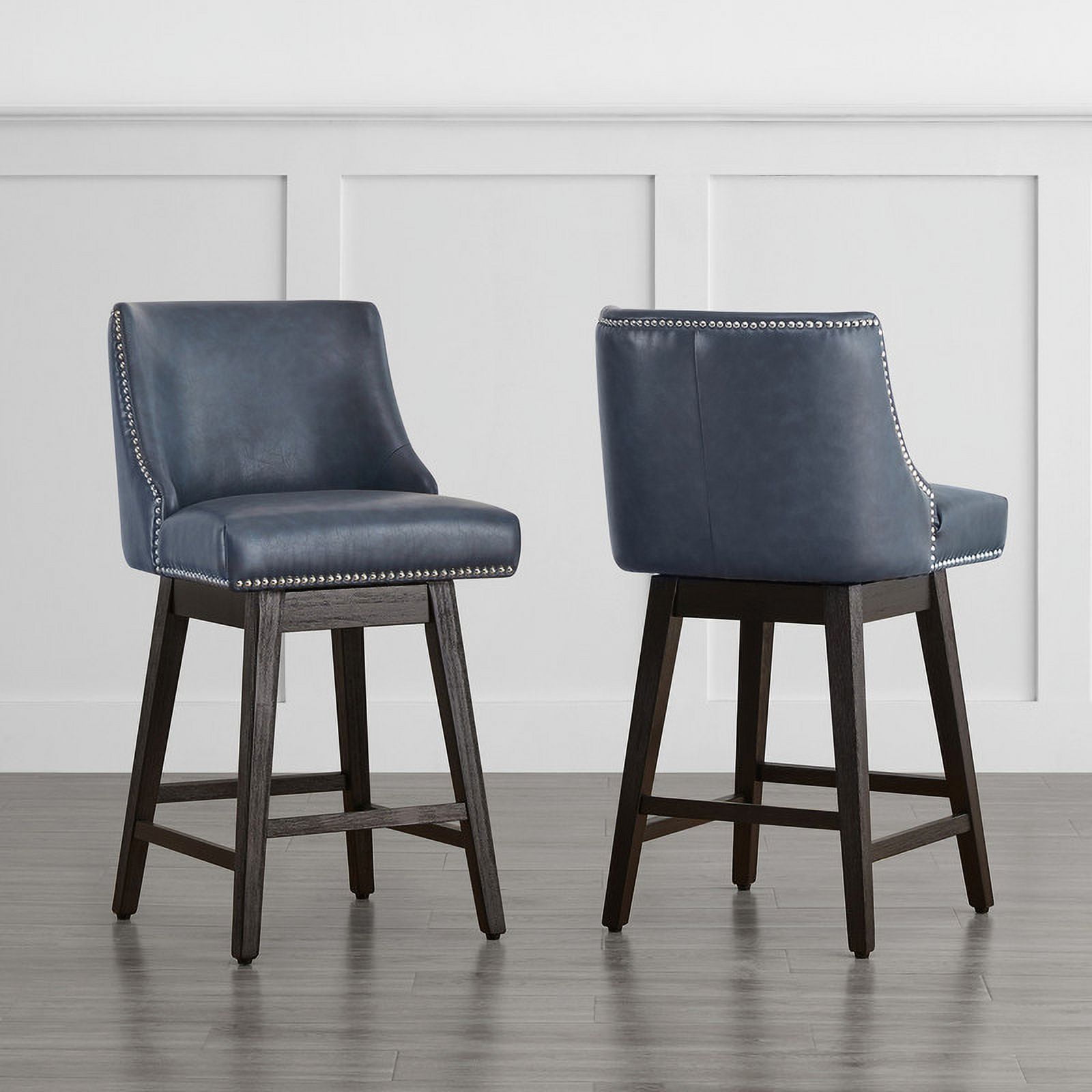 CHITA 26 inch Swivel Upholstered Counter Height Bar Stools with Full Back Set of 2,Faux Leather in Navy Blue