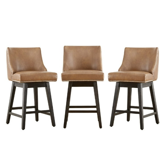 CHITA 26 inch Swivel Upholstered Counter Height Bar Stools with Full Back Set of 3,Faux Leather in Cognac Brown