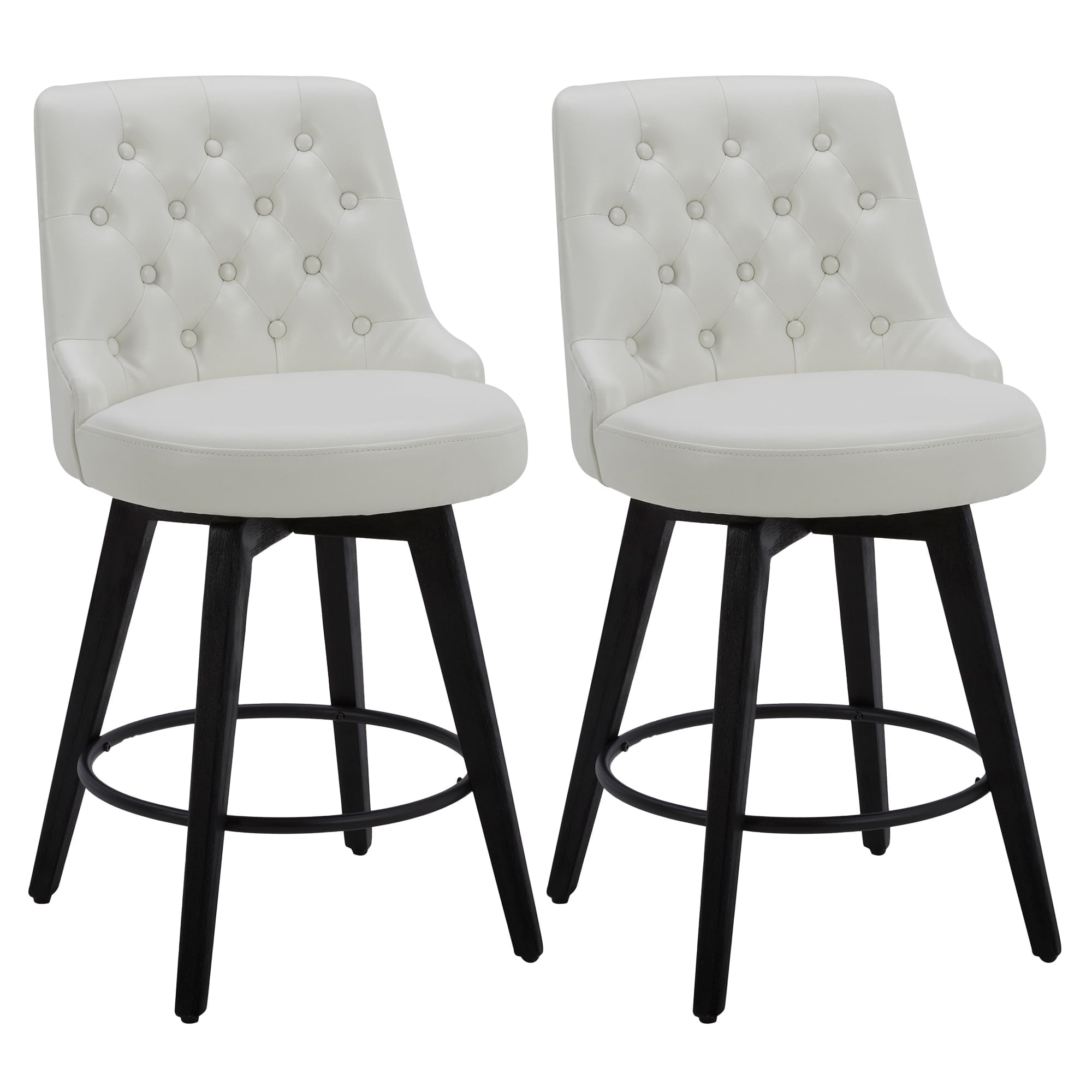 White Faux Leather Swivel Counter Stools with Black Legs