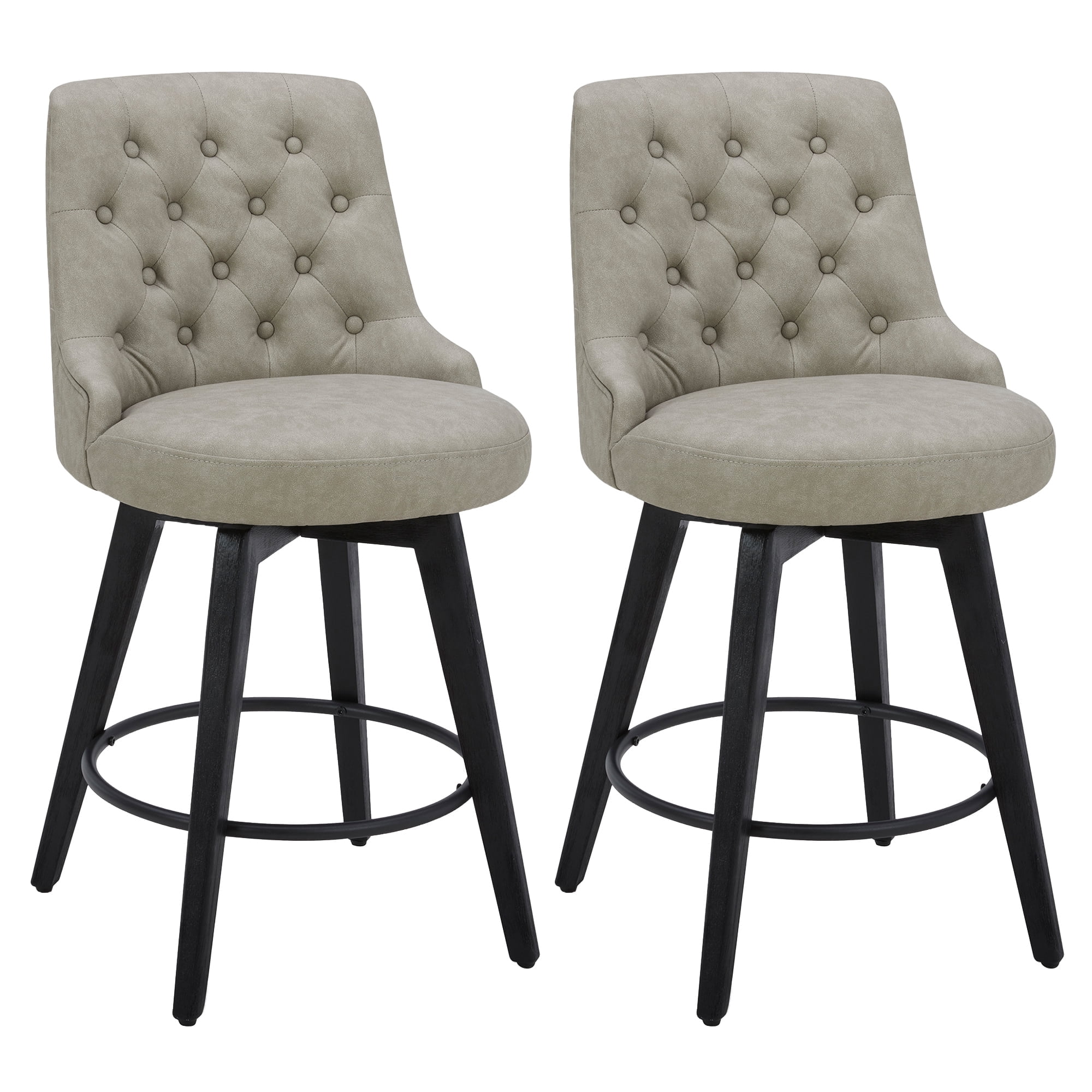 CHITA 26 inch Swivel Upholstered Counter Height Bar Stools with Tufted Back Set of 2, Faux Leather in Stone Gray
