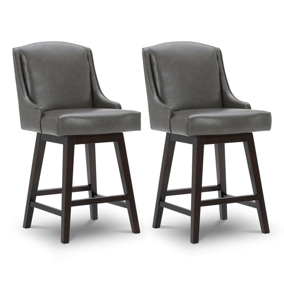 CHITA 26 inch Swivel Upholstered Faux Leather Counter Stool Set of 2, Bar Stool with Back, Retro Gray