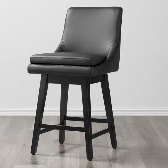 CHITA 26 inch Upholstered Swivel Fabric Counter Bar Stools with Back & Wood Legs,Faux Leather in Black