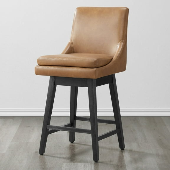 CHITA 26 inch Upholstered Swivel Fabric Counter Bar Stools with Back & Wood Legs,Faux Leather in Cognac Brown