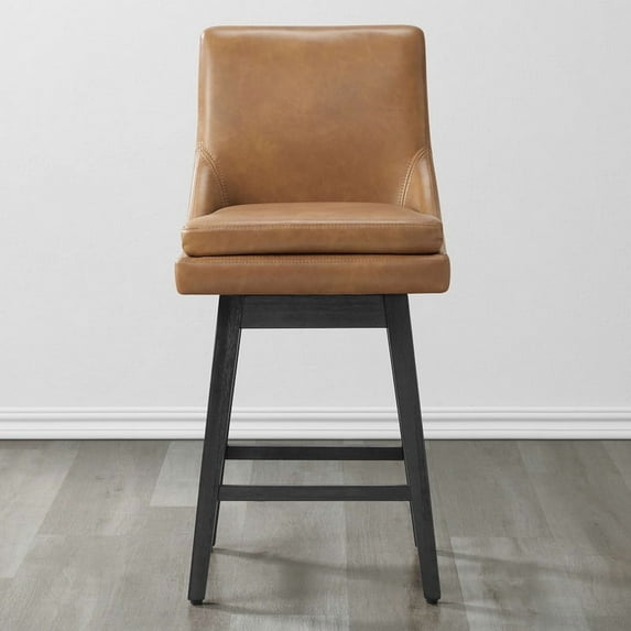 CHITA 26 inch Upholstered Swivel Fabric Counter Bar Stools with Back & Wood Legs Set of 2,Faux Leather in Cognac Brown