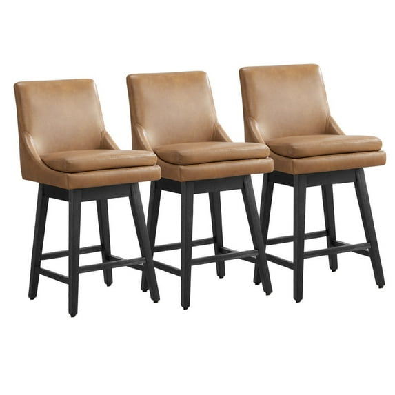 CHITA 26 inch Upholstered Swivel Fabric Counter Bar Stools with Back & Wood Legs Set of 3,Faux Leather in Cognac Brown