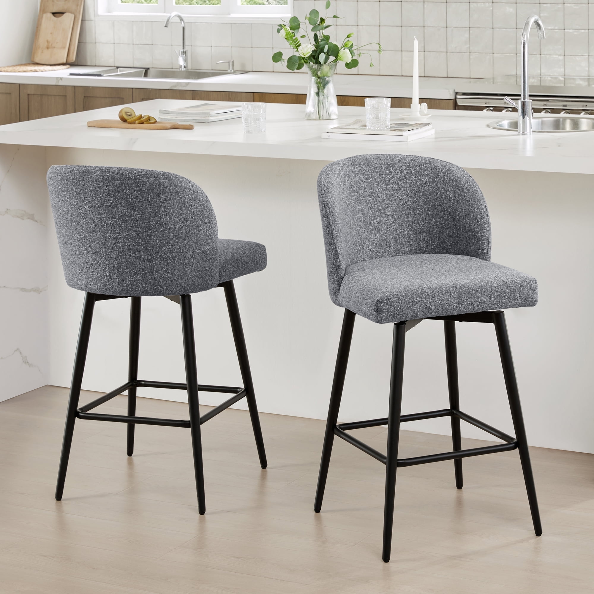 CHITA 27" Swivel Upholstered Counter Bar Stools Set of 2 with Back & Metal Legs, Fabric in Gray