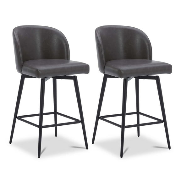 CHITA 27" Swivel Upholstered Counter Bar Stools Set of 2 with Back & Metal Legs, Faux Leather in Retro Gray