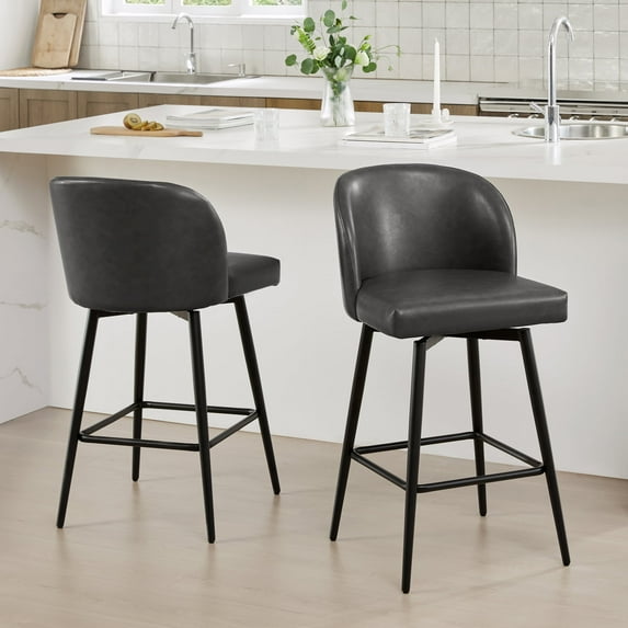 CHITA 27" Swivel Upholstered Counter Bar Stools Set of 2 with Back & Metal Legs, Faux Leather in Retro Gray