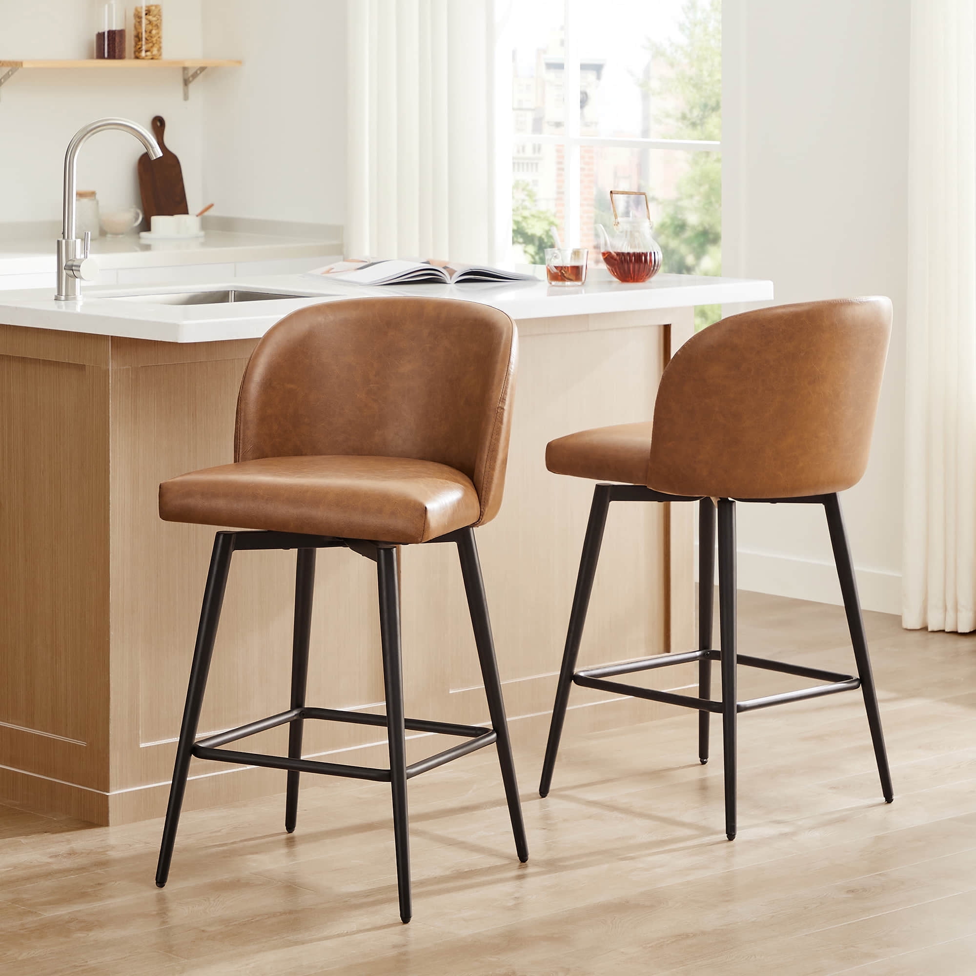 CHITA 27 Swivel Upholstered Counter Bar Stools Set of 2 with Back Metal Legs Faux Leather in Saddle Brown