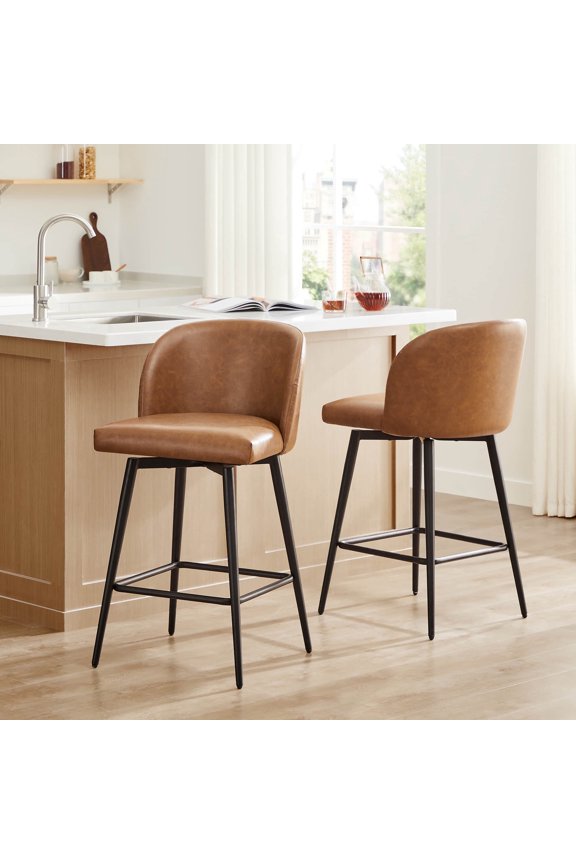 27" Swivel Upholstered Counter Bar Stools Set of 2 with Back & Metal Legs, Faux Leather in Saddle Brown
