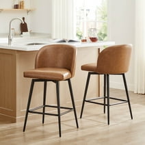 CHITA 27" Swivel Upholstered Counter Bar Stools Set of 2 with Back & Metal Legs, Faux Leather in Saddle Brown