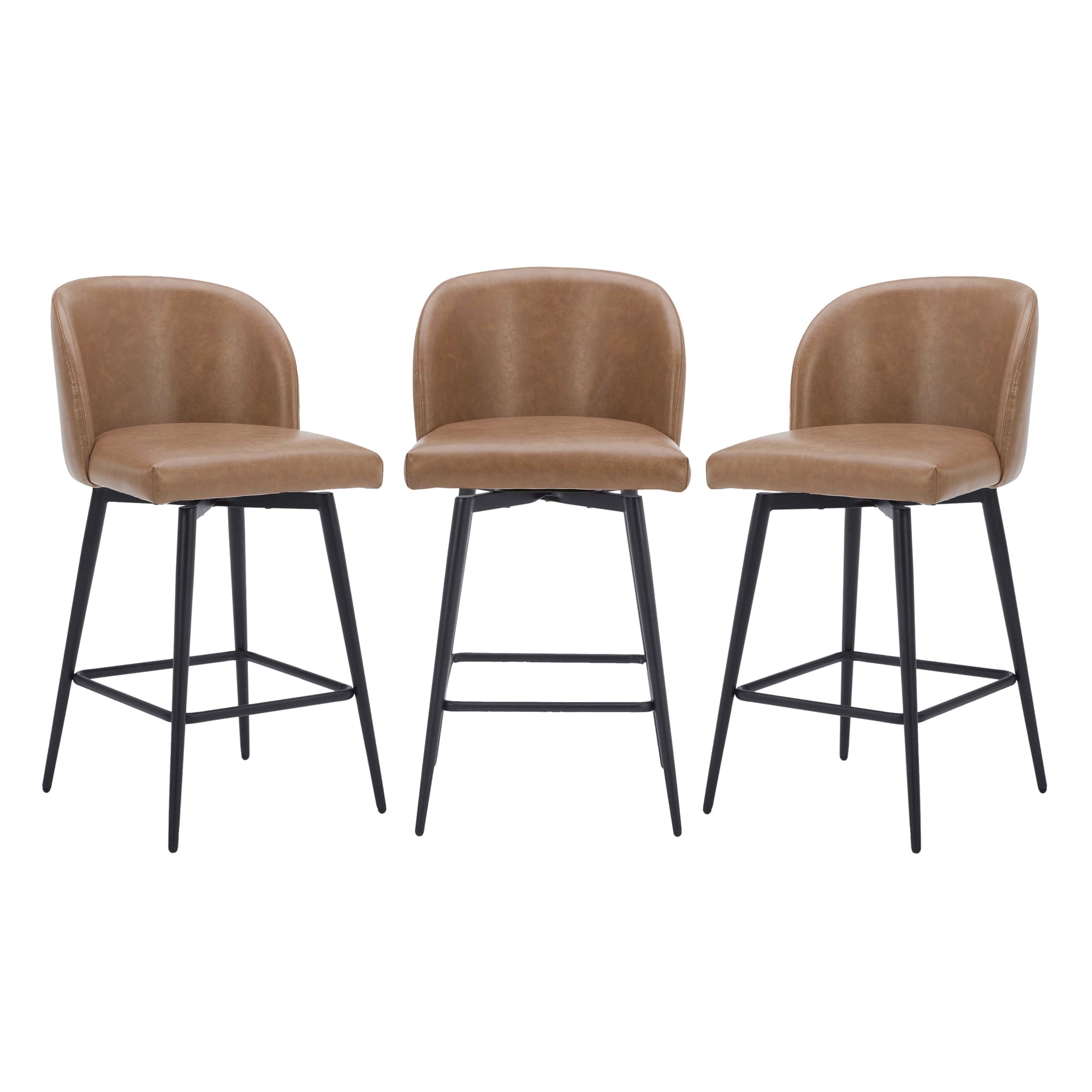 CHITA 27" Swivel Upholstered Counter Bar Stools set of 3 with Back & Metal Legs, Faux Leather in Saddle Brown