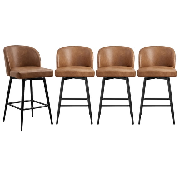 CHITA 27" Swivel Upholstered Counter Bar Stools with Back & Metal Legs Set of 4,Faux Leather in Cognac Brown