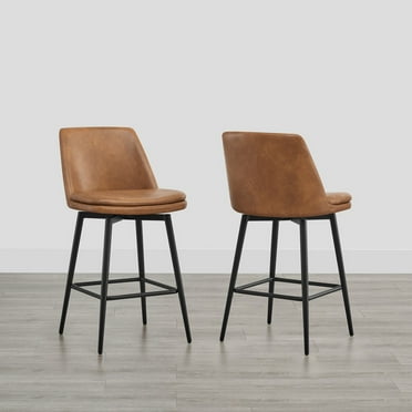 CHITA 27 inch Counter Height Swivel Bar Stools Low Back Set of 2,Faux Leather in Cognac Brown