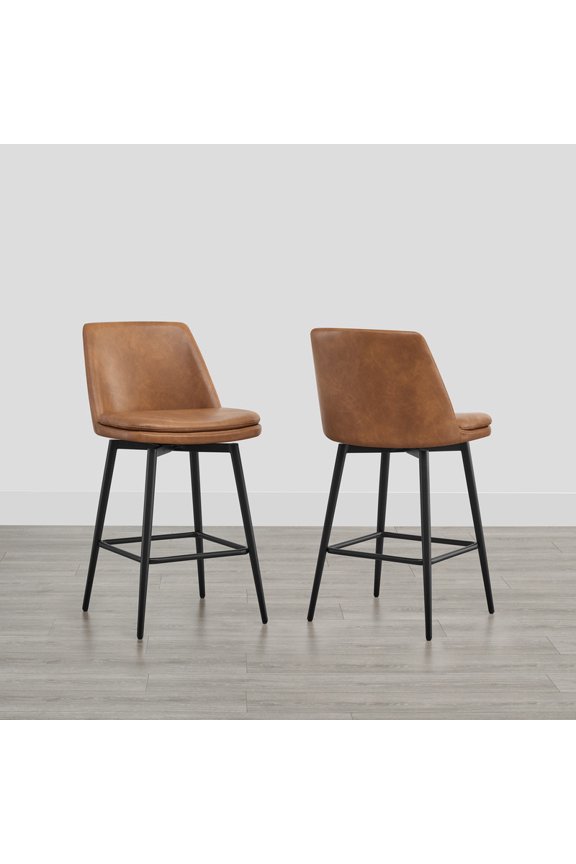 27 inch Counter Height Swivel Bar Stools Low Back Set of 2,Faux Leather in Cognac Brown