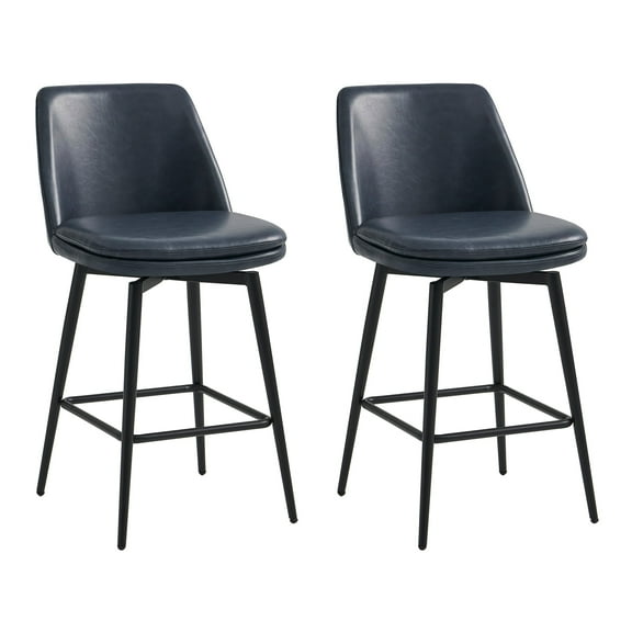 CHITA 27 inch Counter Height Swivel Bar Stools Low Back Set of 2, Metal Base, Faux Leather in Navy Blue