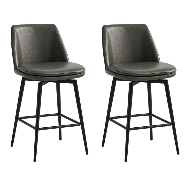 CHITA 27 inch Counter Height Swivel Bar Stools Low Back Set of 2 Metal Base Faux Leather in Retro Gray