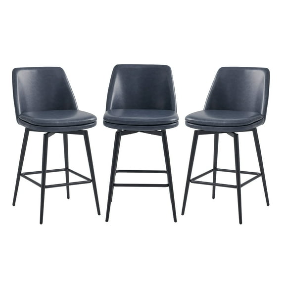 CHITA 27 inch Counter Height Swivel Bar Stools Low Back Set of 3, Metal Base, Faux Leather in Navy Blue