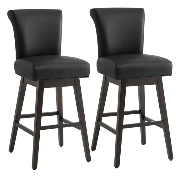 CHITA 30 in Upholstered Swivel Counter Bar Stools with Back&Wood Legs Set of 2, Faux Leather in Black
