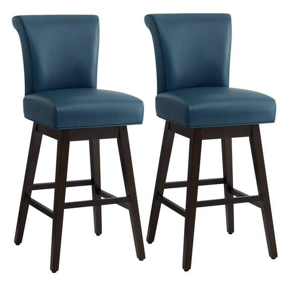 CHITA 30 in Upholstered Swivel Counter Bar Stools with Back&Wood Legs Set of 2, Faux Leather in Dark Blue