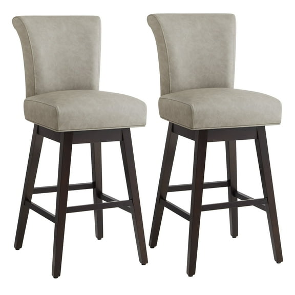 CHITA 30 in Upholstered Swivel Counter Bar Stools with Back&Wood Legs Set of 2, Faux Leather in Stone Gray
