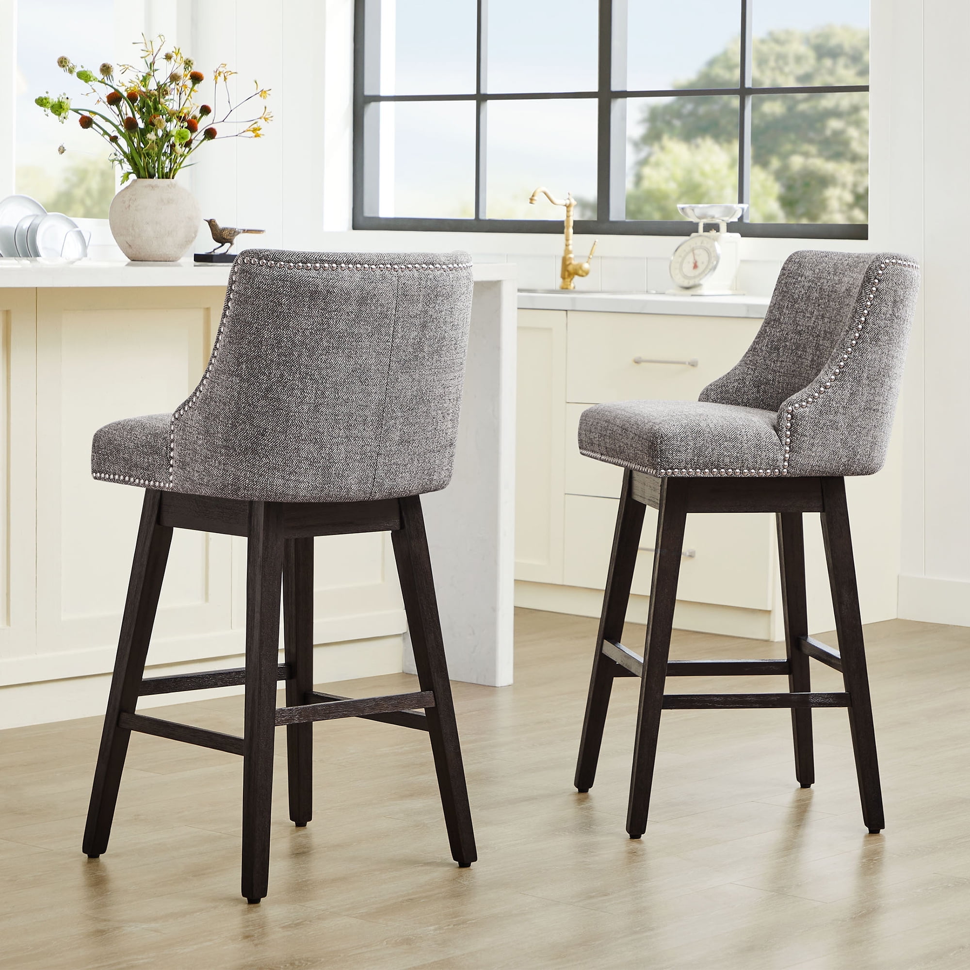 CHITA 30 inch Fabric Swivel Upholstered Counter Height Bar Stools with Full Back Set of 2 Pebble Gray