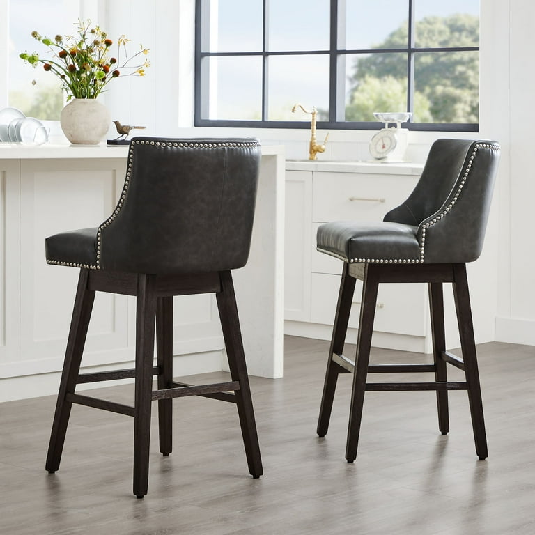 CHITA 30 inch Faux Leather Swivel Upholstered Counter Height Bar Stools with Full Back Set of 2 Retro Gry